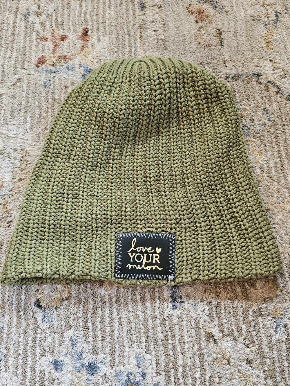 Love Your Melon Olive Green Beanie With Black Label And Gold Font. Like New!